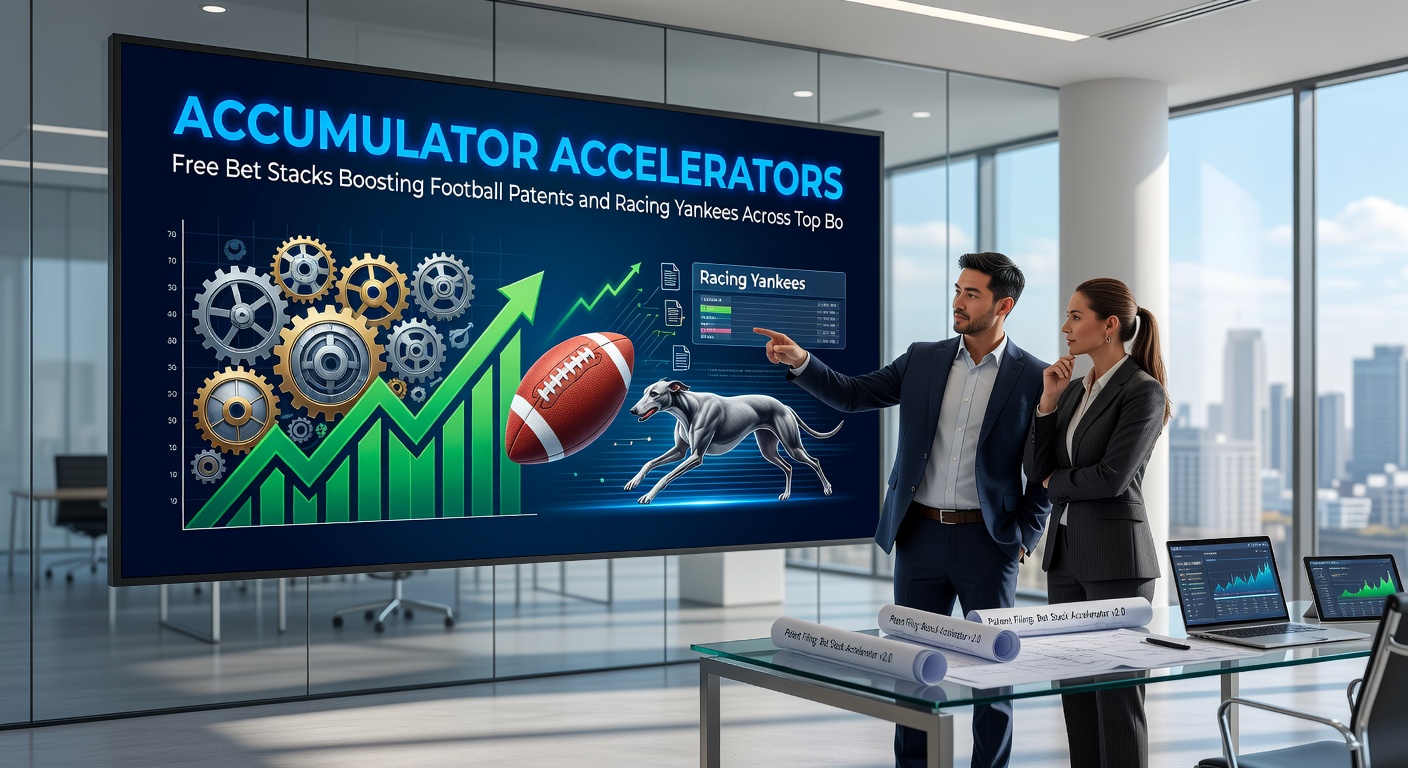 Close-up illustration of a football patent bet form with overlaid free bet stacks and odds accelerator icons boosting payouts on soccer multis