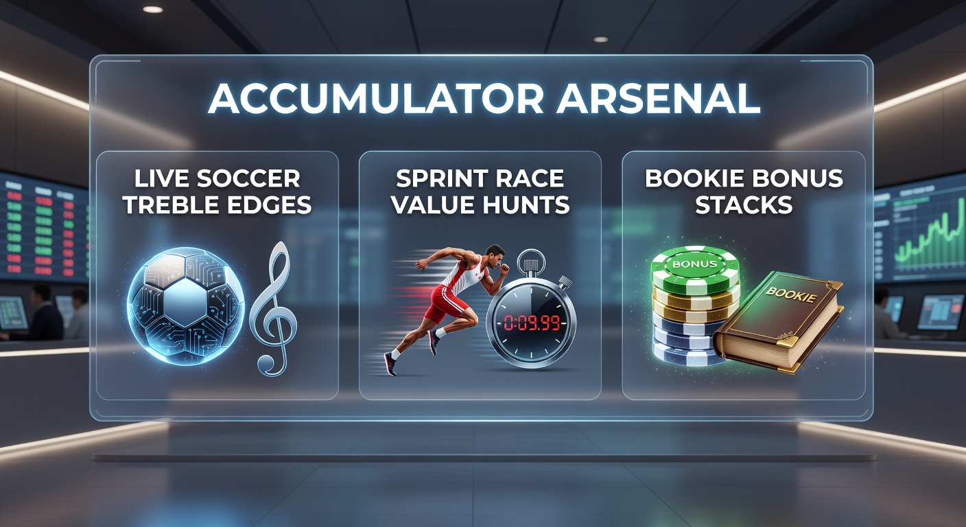 Dynamic graphic showing stacked soccer balls, racing horses in sprint, and glowing bonus icons representing accumulator strategies