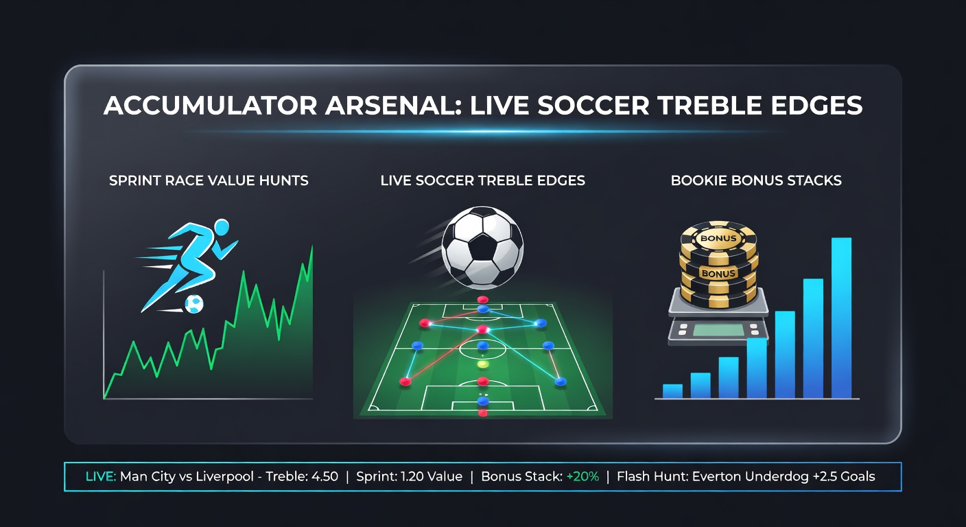 Close-up illustration of a soccer treble bet slip merging with sprint horse visuals and stacked bonus chips, symbolizing integrated betting strategies