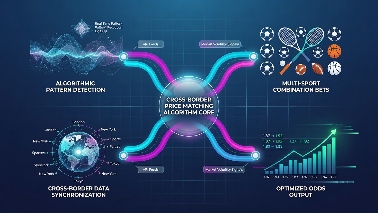 Data flow diagram showing algorithmic processing of cross-border odds for combination bets across different sports