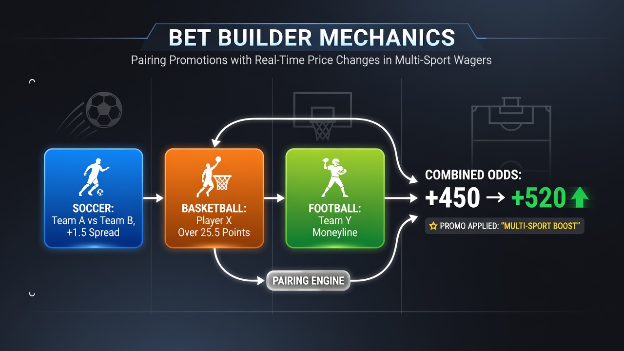 Bet builder interface showing multi-sport wager options with live odds updates