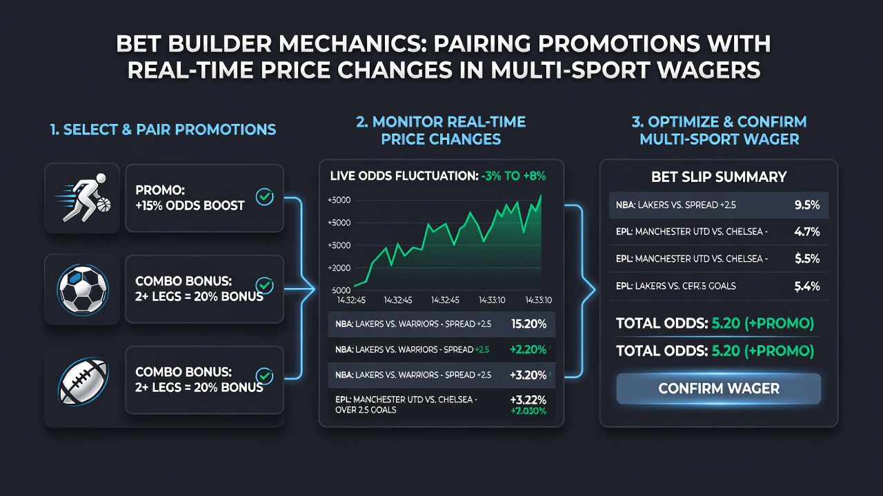 Live multi-sport accumulator display with promotional overlays and price change indicators