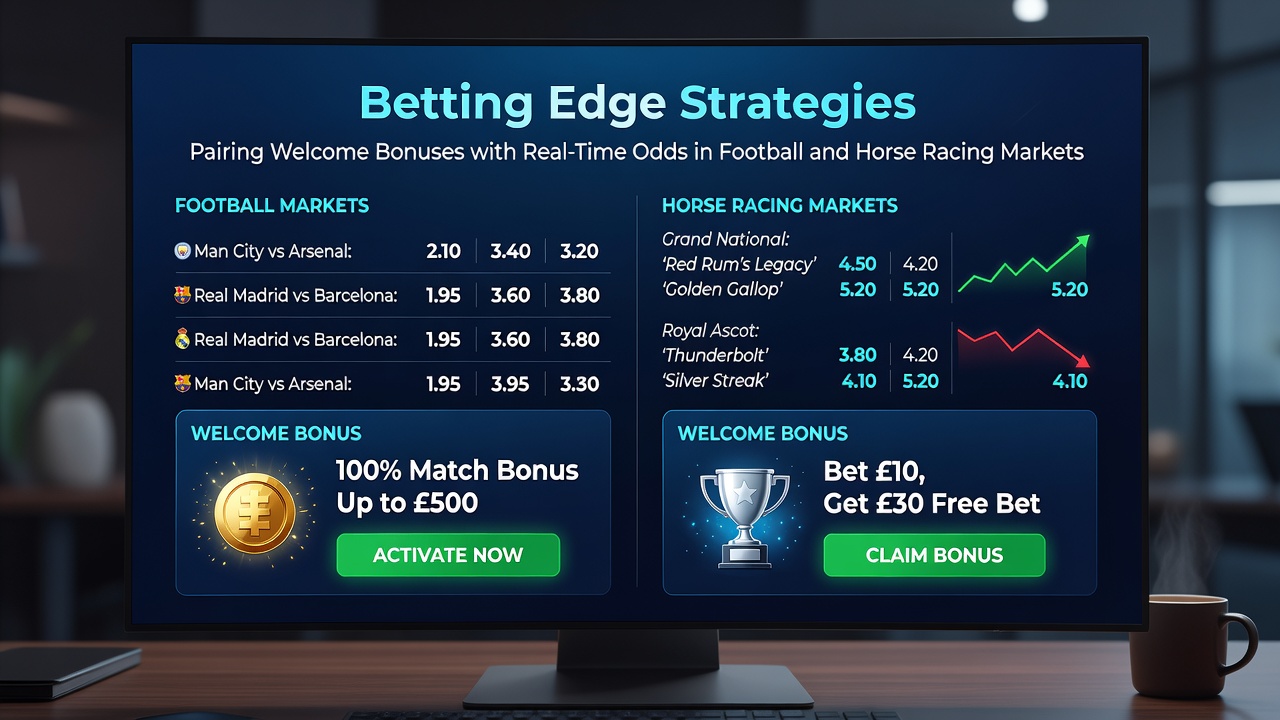 Illustration showing football match odds updating alongside horse racing tracks with bonus symbols overlaid