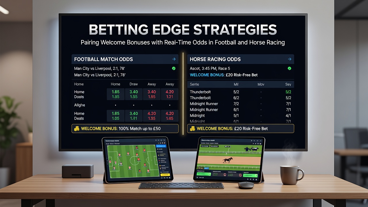 Split screen view of live horse racing odds board next to football in-play statistics dashboard