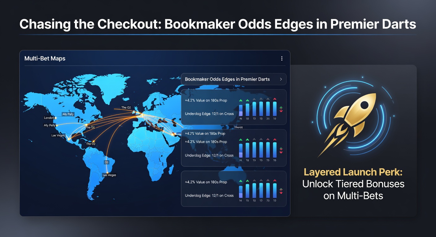 Close-up of a layered betting slip on a mobile app, showing darts accumulator selections with odds boosts and promo icons highlighted