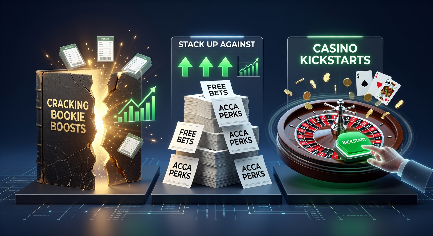 Colorful graphic showing stacked betting slips, accumulator icons, and casino chips with promotional boosts highlighted