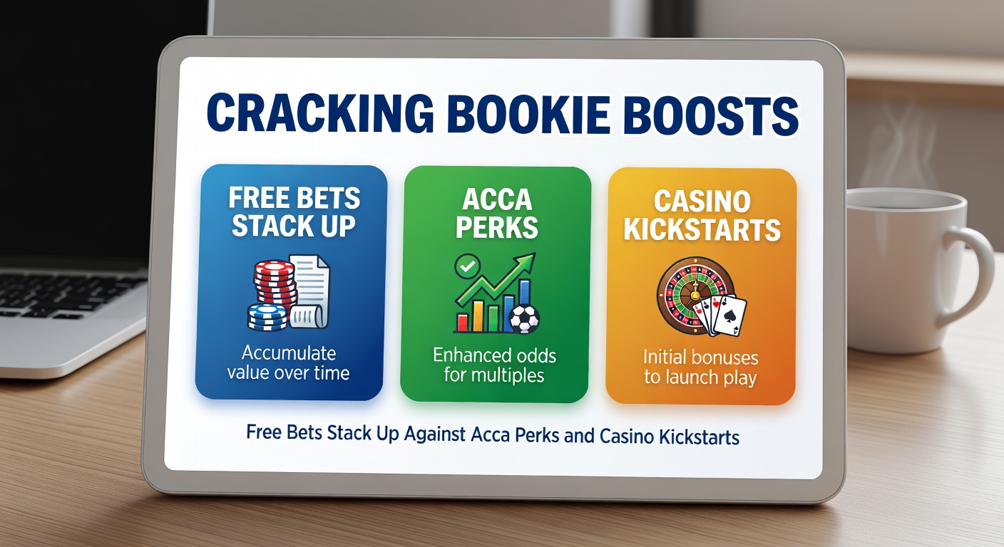 Split-image comparison chart of free bet tokens, acca boost multipliers, and casino spin wheels with value metrics overlaid