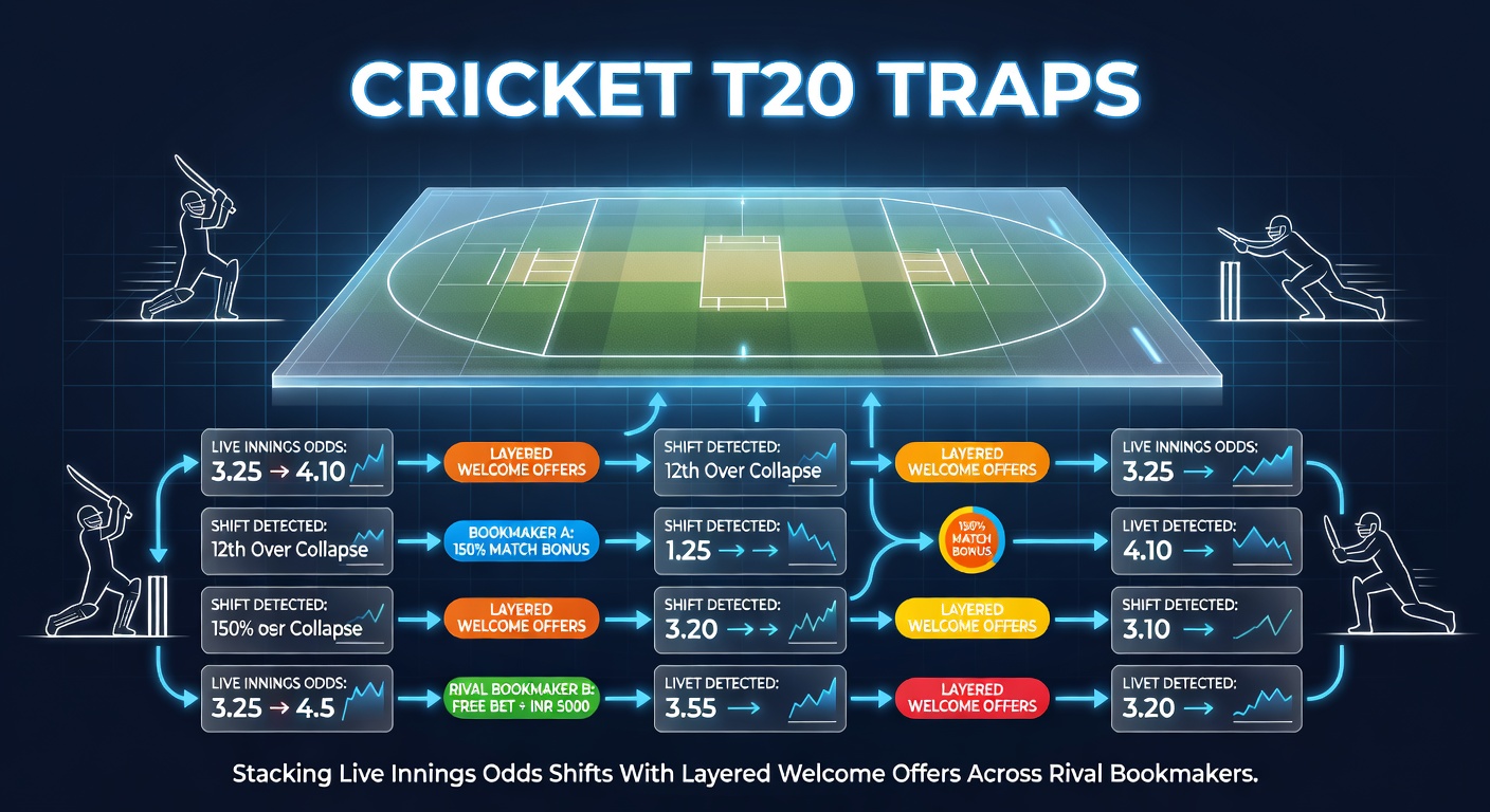 T20 cricket match in progress with live betting odds displayed on mobile screens during powerplay overs