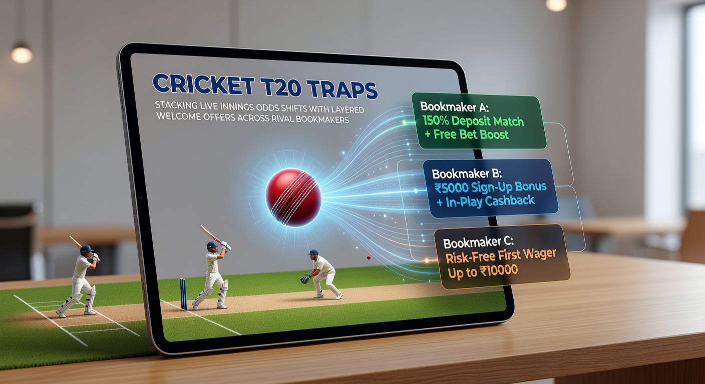 Multiple bookmaker apps showing stacked welcome bonuses and live T20 cricket odds comparison during middle overs
