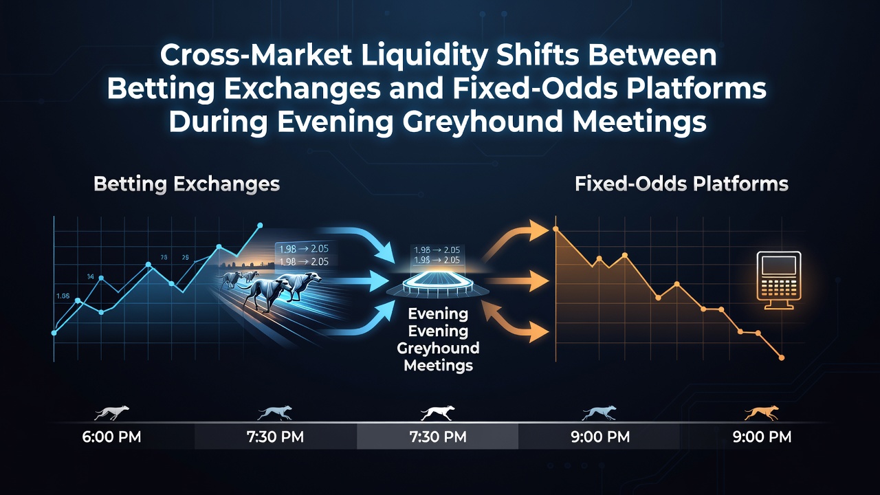 Evening greyhound racing track with betting activity indicators showing market movements between platforms