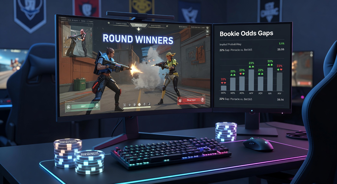 Dynamic Valorant match scene showing teams clashing in a pivotal round, with overlaid betting odds interfaces highlighting live market shifts