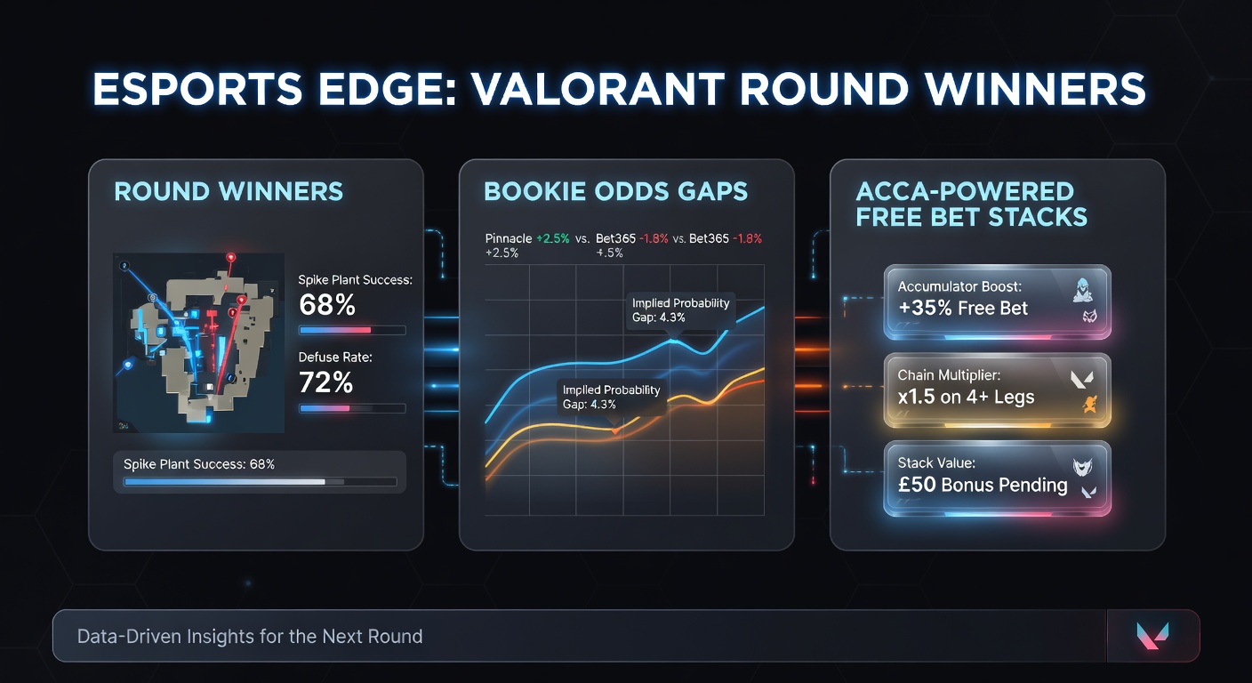 Split-screen view of bookmaker odds tables for a Valorant round, illustrating price differences alongside accumulator bet slips stacked with free bet promotions
