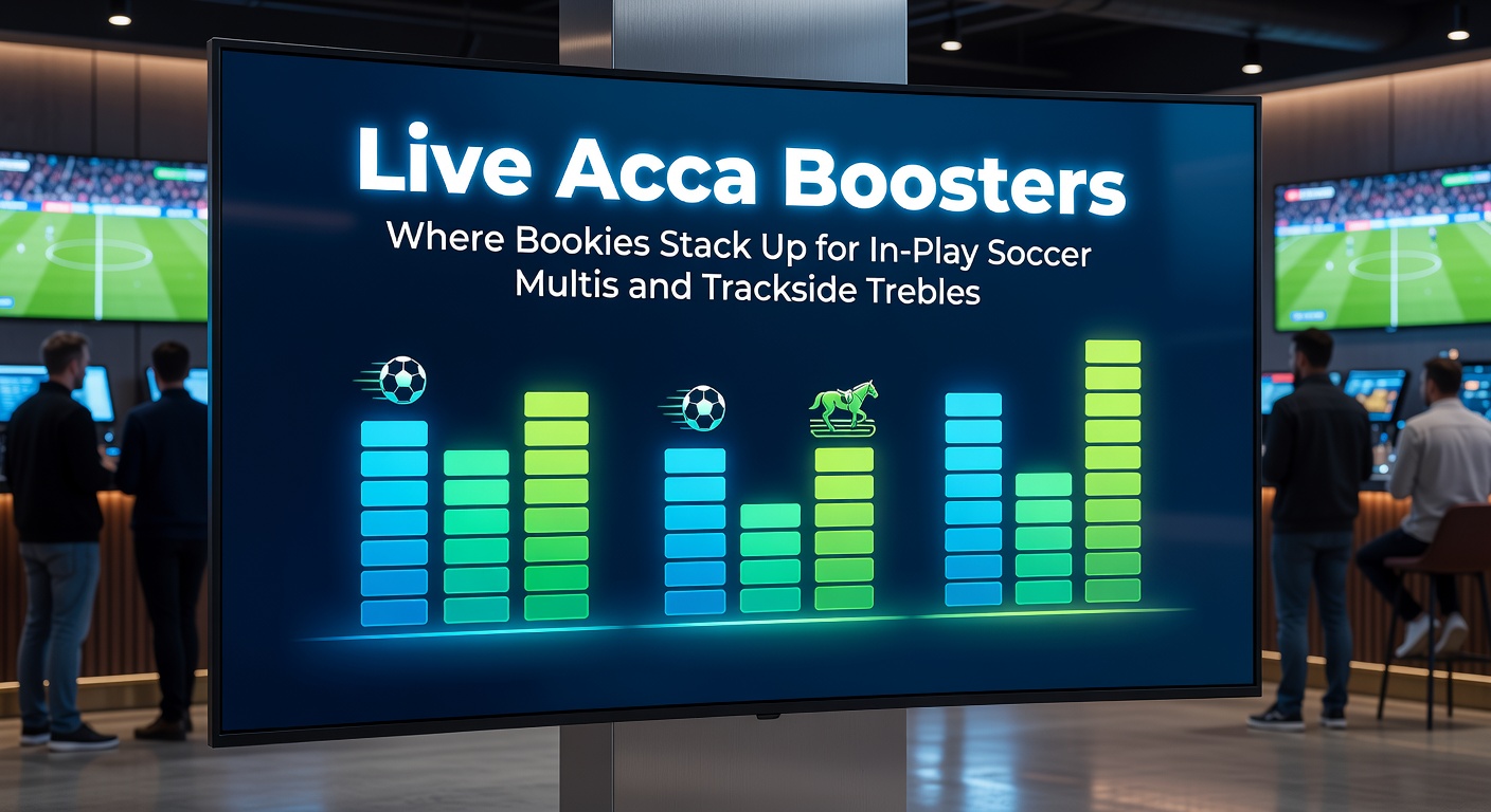 Dynamic in-play soccer match with overlaid betting odds and accumulator booster promotions highlighting live multis