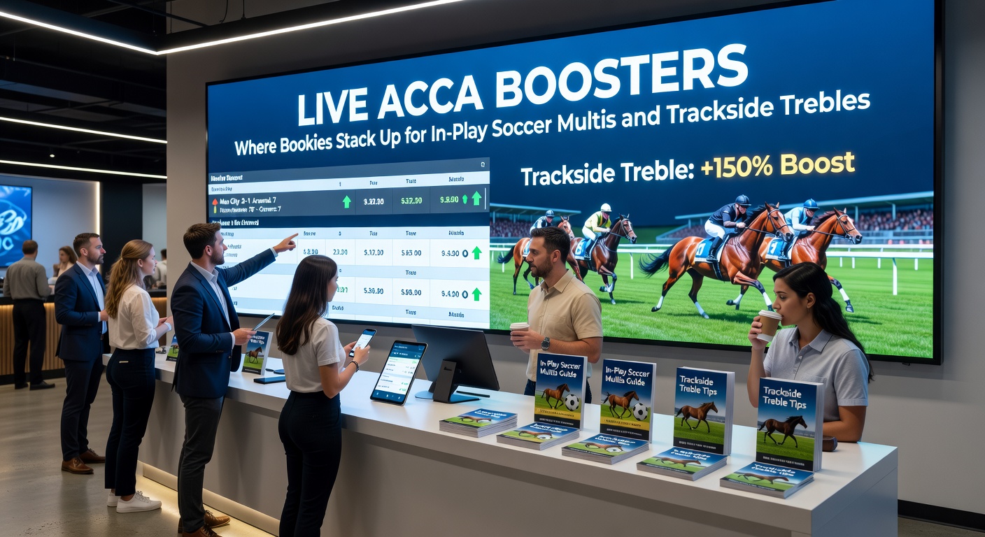 Close-up of a trackside betting slip showing treble selections with applied acca booster percentage, amid a vibrant horse racing scene