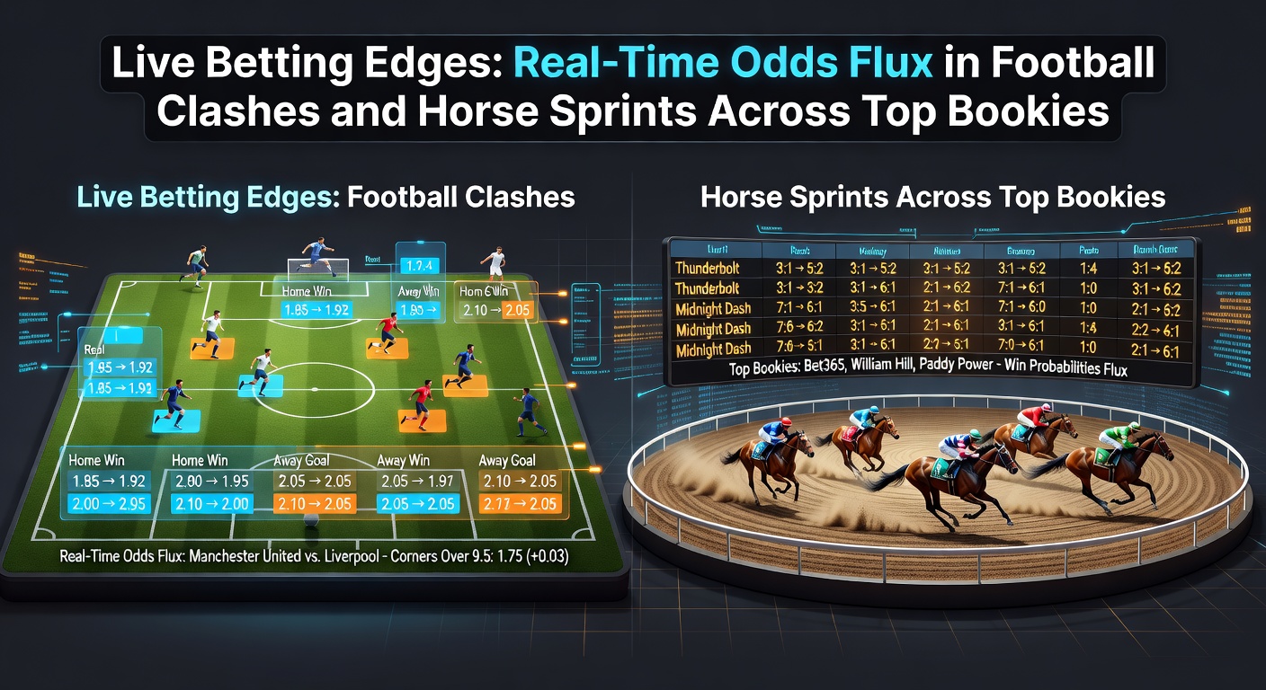 Dynamic graph showing real-time odds fluctuations during a live soccer match and horse race sprint, highlighting peaks and valleys in betting lines across multiple bookmakers
