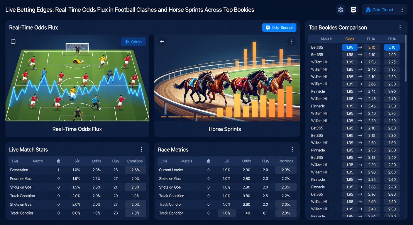 Split-screen visualization of odds boards from top bookmakers during a high-stakes horse sprint, with live soccer inlay showing goal-line technology influencing real-time price changes