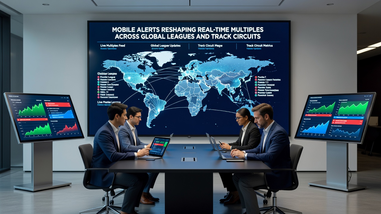 Racing circuit with mobile alerts overlay showing live odds for track events
