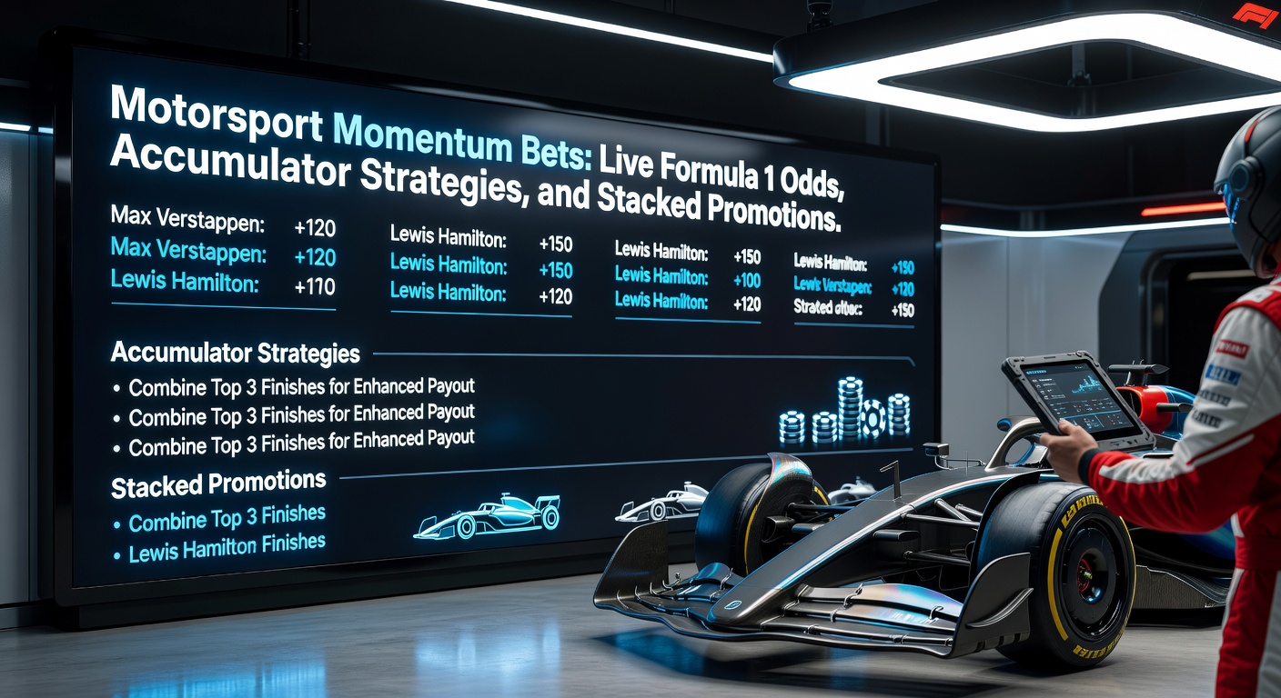Formula 1 cars speeding through a tight corner during a live race, with dynamic odds overlays highlighting momentum bets