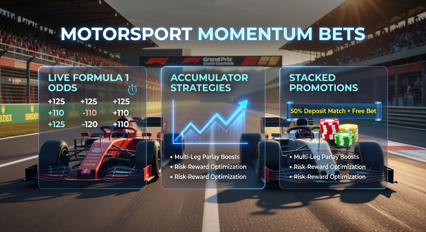 Dynamic digital display showing stacked F1 accumulator bets with live odds updates and promotional boosts during a high-speed overtake