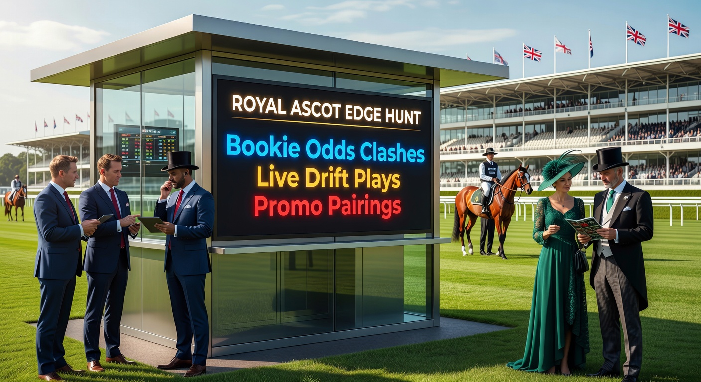 Vibrant scene at Royal Ascot with jockeys urging horses down the straight, crowds cheering under sunny skies