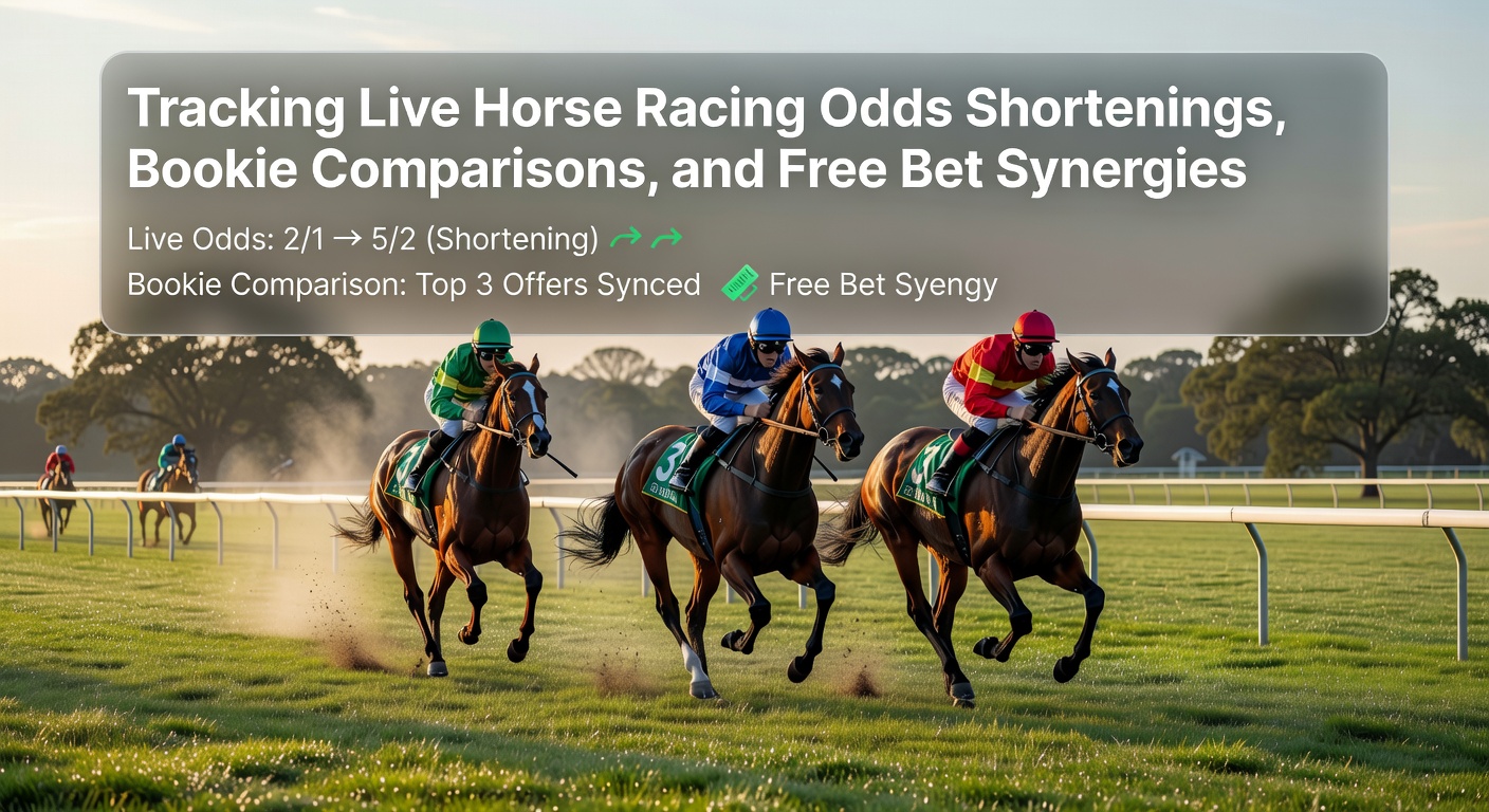 Vibrant scene of horses thundering down a racetrack with digital odds overlays highlighting shortening prices on a steamer favorite
