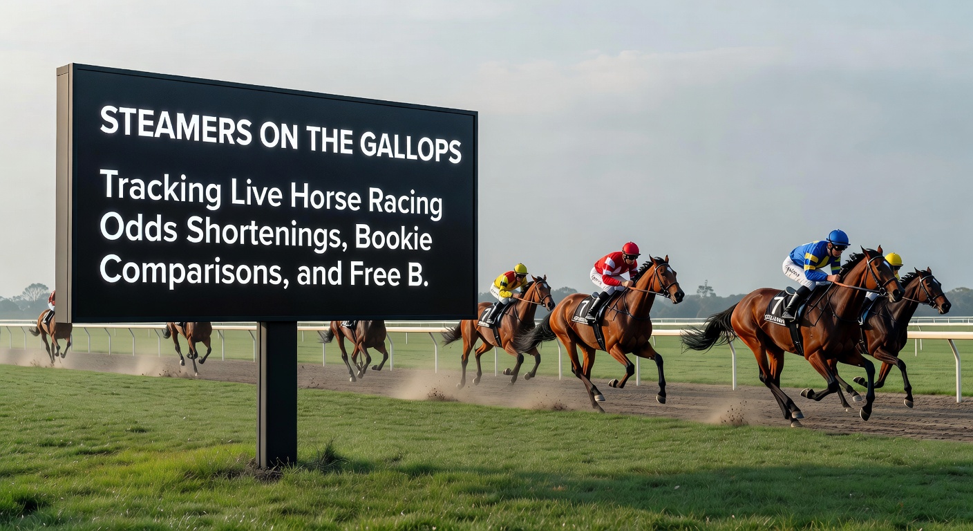 Close-up of a betting interface displaying live horse racing odds with arrows pointing to a steamer's price tightening amid bookmaker logos