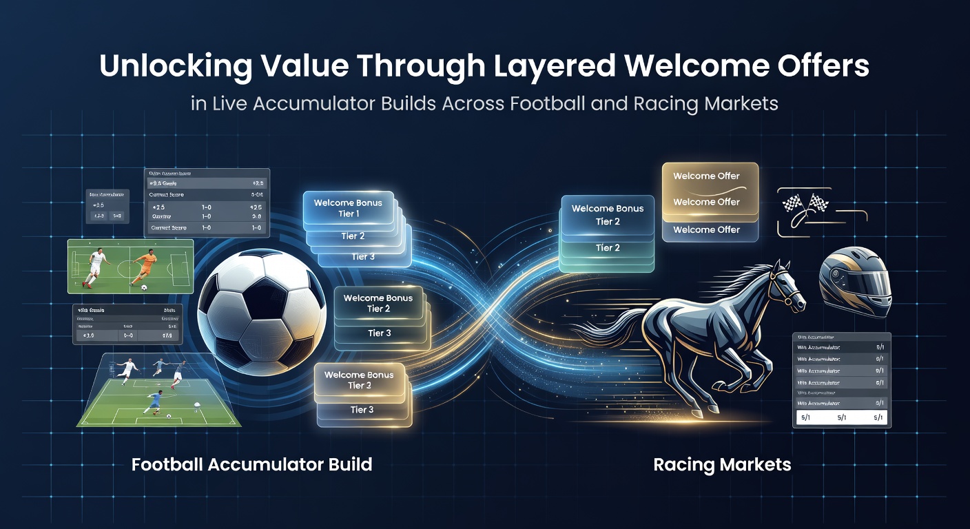 Live accumulator interface showing layered welcome bonus application across football and racing selections