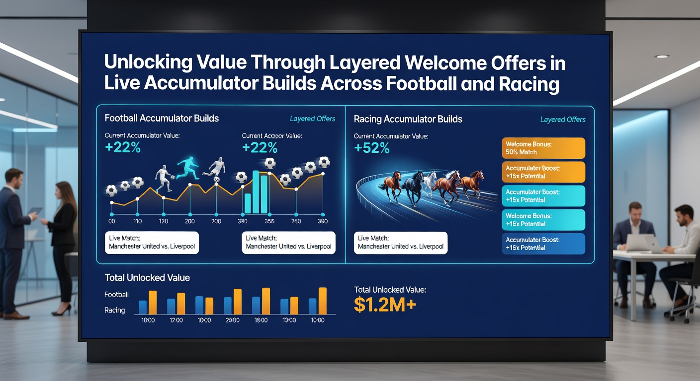 Horse racing live betting screen displaying accumulator builder with welcome offer indicators