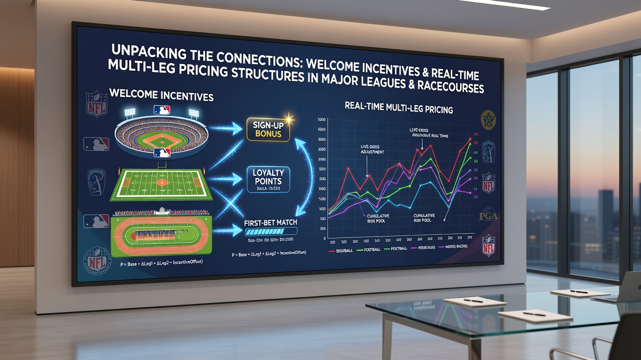 Illustration of welcome incentives interacting with live multi-leg pricing displays on sports and racing platforms